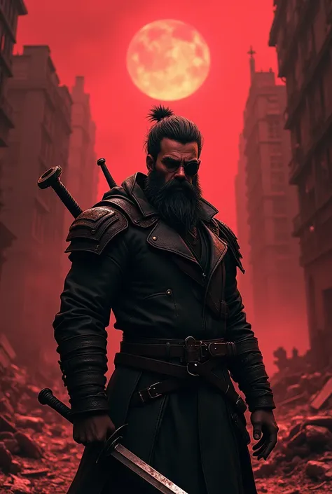 image of a man with a realistic anime beard with an eye patch a sword on his side and a destroyed city behind dark gloomy red style