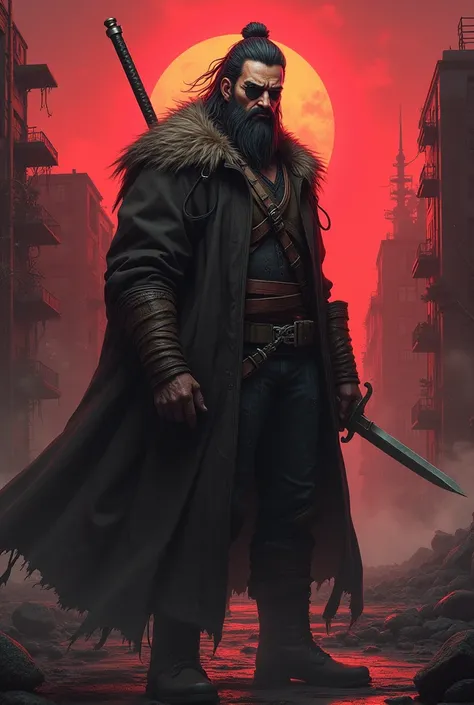 image of a man with a realistic anime beard with an eye patch a sword on his side and a destroyed city behind dark gloomy red style