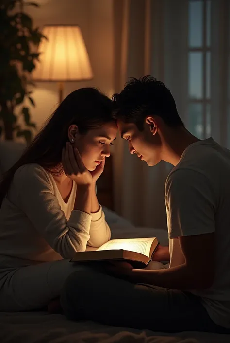 Make me a picture where you can see a couple reading the Bible while sitting down, back to back, Please make me a long image