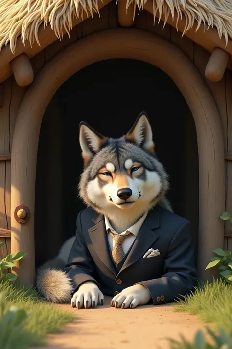 A well dressed polite adult wolf sleeping outside the straw house 