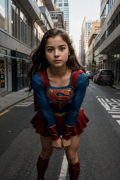 Ten year old girl flying between buildings dressed as supergirl