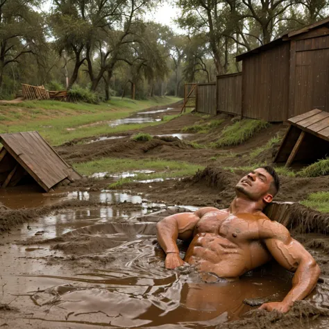  shirtless muscular man, sinks in a mud pit down to his shoulders,