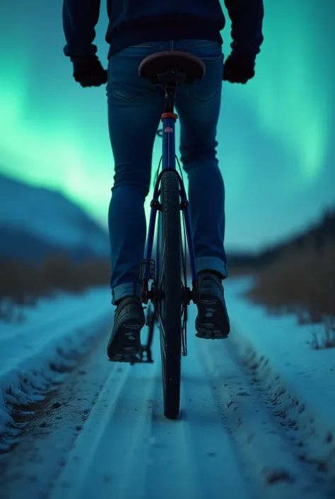 Walking along an aurora path with a bicycle . Let only my legs be seen.