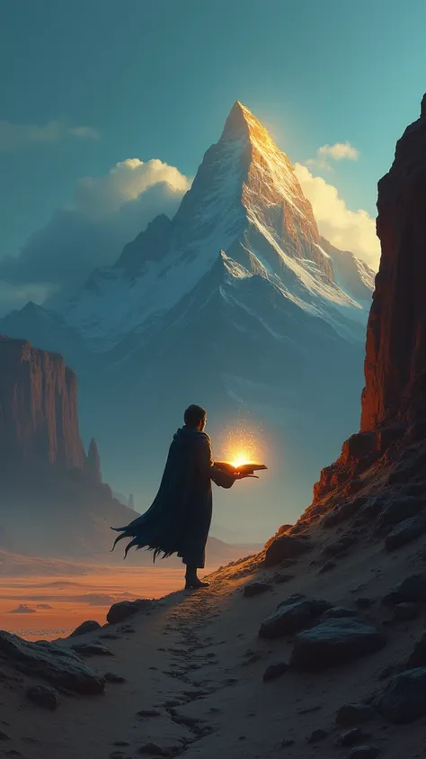 /imagine prompt: a solitary figure in a desert, broken hourglass at their feet, climbing a majestic mountain, guided by a glowing open book. minimalist style, contrasting warm and cool colors, overcoming adversity, personal growth, digital art