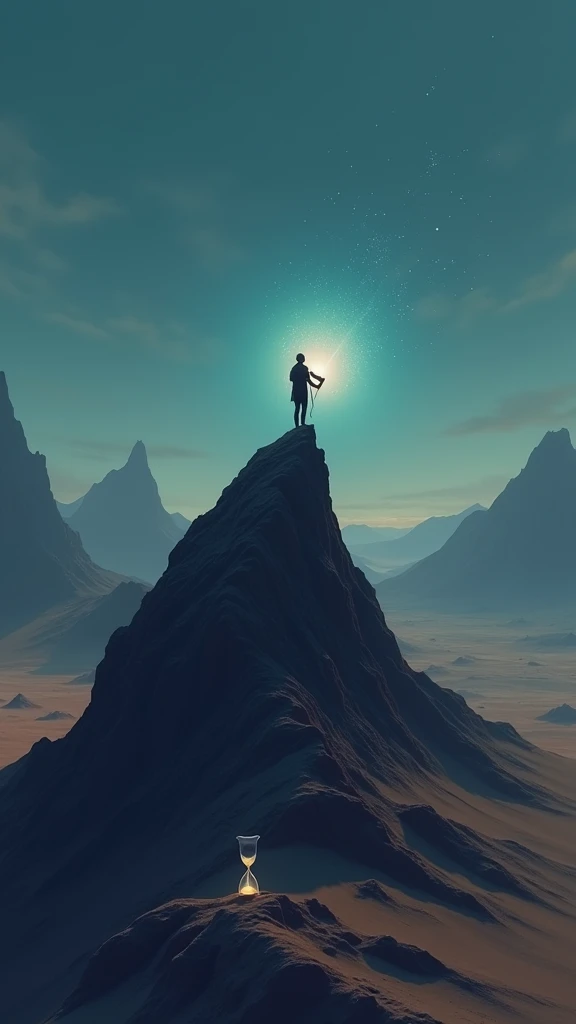 /imagine prompt: a solitary figure in a desert, broken hourglass at their feet, climbing a majestic mountain, guided by a glowing open book. minimalist style, contrasting warm and cool colors, overcoming adversity, personal growth, digital art