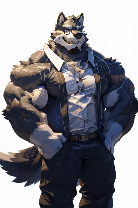 1boy, 1man, solo, a (furry bandit) standing, (face, detailed face, glasses), white background , front view, massive muscular , s...