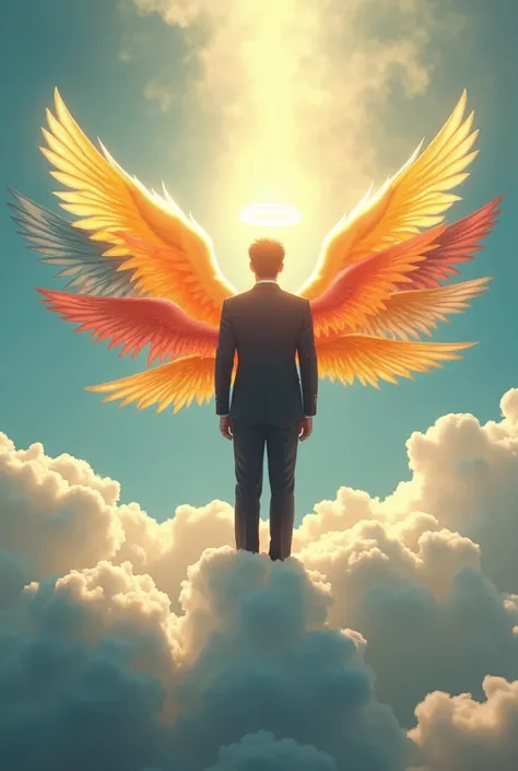 A Japanese businessman standing in a heavenly, serene place. He has six distinct angel wings in different colors, clearly separated across his back. A golden halo floats above his head, glowing softly. The environment is bright and ethereal, with soft clou...