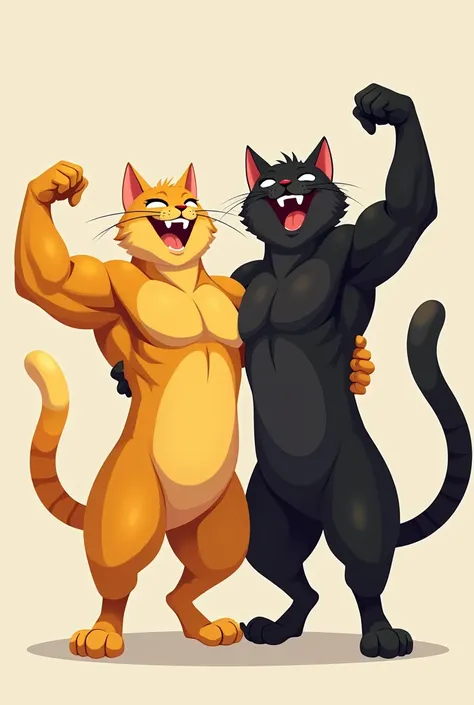 A muscular yellow cat and a black cat smiling because they are strong