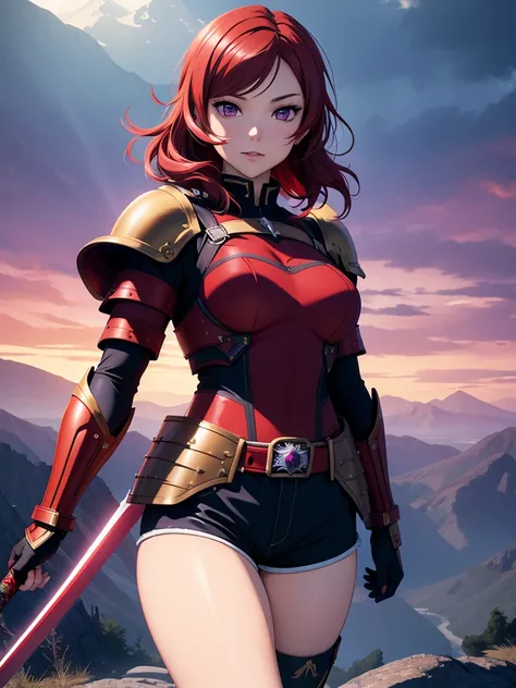 (Masterpiece, Best Quality, High Quality), facing viewer,volumetric lighting, illustration, beautiful, perfect lighting, perfect shadows,Nishikino maki , cowboy shot, (armor:1.2), short shorts, thighs, solo, purple eyes ,red hair ,in mountains,under moonli...