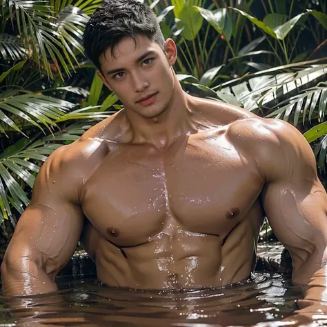 photorealistic,shirtless muscular man, wet body for highlights , half body in mud pit, struggling posture,