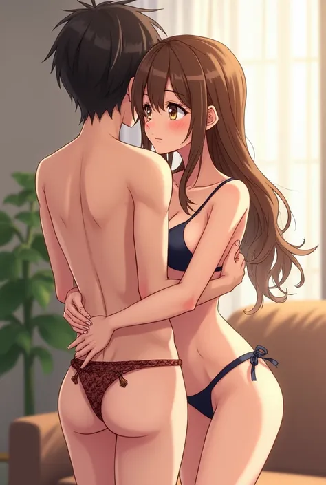 Fraction_9, Fraction_8_Direction_7_up, src_Japanese cartoons, 1.Become a（Clear bikinitong）, Brown hair, Brown eyes, Low Ponytail, Large Breasts, Smile, 1 boy（penis), Shota, Hug from behind, living room.Female hand on penis