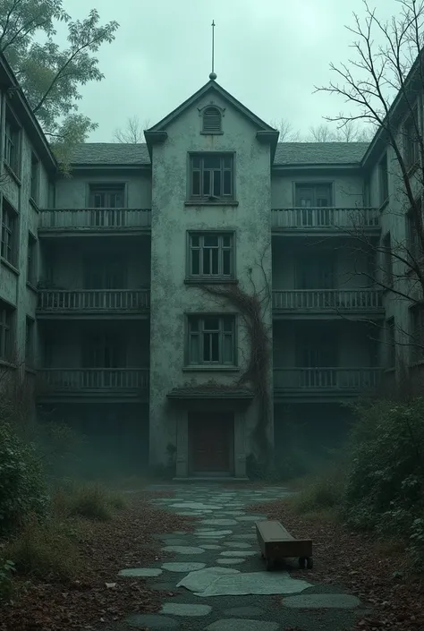 Imagine a desolate and dark landscape, where an old abandoned psychiatric hospital stands amid the growing darkness of dusk. The façade of the building is weathered, with broken windows and walls covered in vines that seem to suffocate the structure. The v...