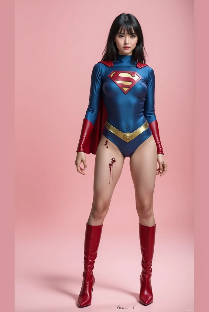 Wearing a Supergirl costume、The  of the beautiful Japanese girl Supergirl, covered in green liquid 、Beautiful Japanese Supergirl、close your eyes、Bleeding from the groin、Face in pain、spit blood from the mouth、Hanged、Dead、Vomiting blood、Dead