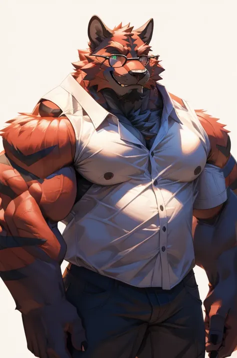 1boy, 1man, solo, a (furry incineroat) standing, (face, detailed face, glasses), white background , front view, massive muscular...