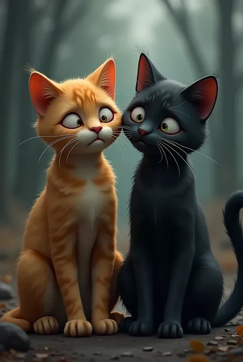 A yellow cat and a black cat crying at a funeral, They are so sad that they shed tears