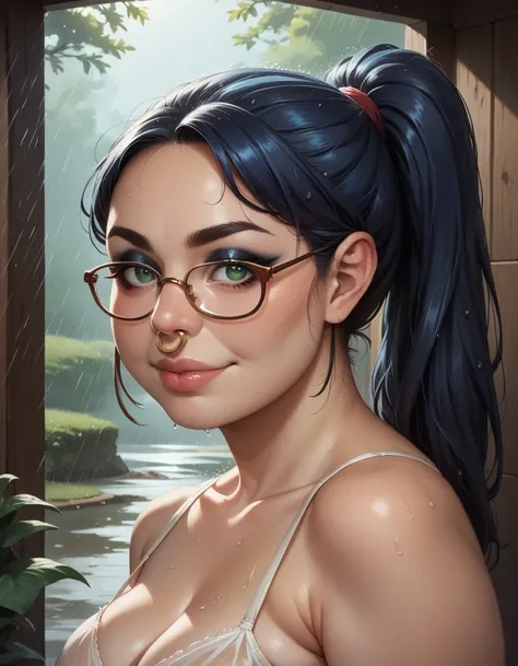 1girl, masterpiece, (chubby), ((dark eyeliner)), best quality, realistic face, black and blue hair with bangs and ponytail, large glasses, , , , green eyes, nose ring, chubby cheeks, long nose, low nose, high lips, dark eyebrows, ((trad blue and grey sundr...