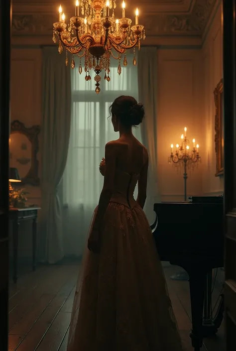 A woman in 1800s Germany with her back turned in the corner of the picture in a candlelit dining room, a lush chandelier, and a piano, wearing a rococo dress, with hair tied up.