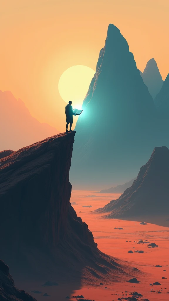 /imagine prompt: a solitary figure in a desert, broken hourglass at their feet, climbing a majestic mountain, guided by a glowing open book. minimalist style, contrasting warm and cool colors, overcoming adversity, personal growth, digital art