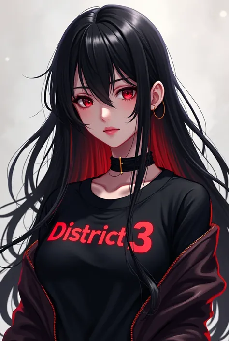 a female anime with long black hair, with red details, wearing a blouse that says district 3