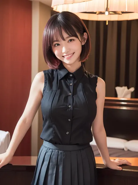 (Highest quality:1.5)、(masterpiece:1.5)、(8k:1.5)、(Big Breasts:1.35)、(Sleeveless black business shirt:1.5)、(Very short pleated skirt:1.5)、(Blushing:1.5)、(Feeling embarrassed:1.5)、(smile:1.5)、(The background is the hotel:1.7)、whole body、Hotel Bed