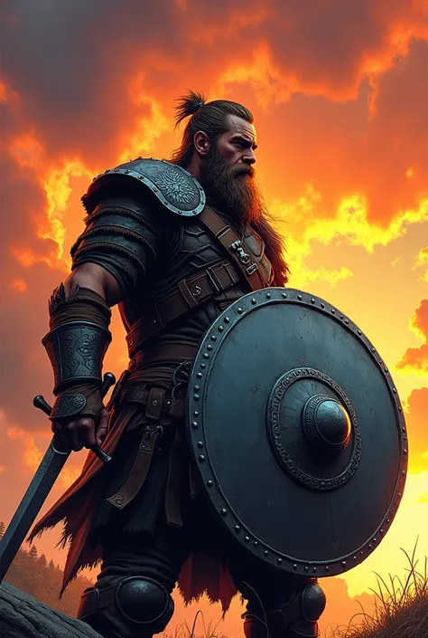 1980s comic book style illustration of a Viking warrior slightly in profile, holding his steel shield at his side, raising his medieval sword with his arm stretched out above his head pointing towards the sunset