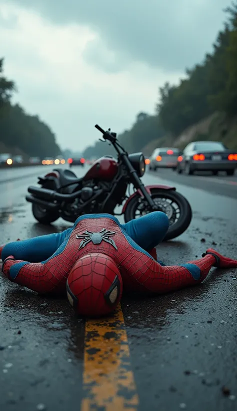 It looks like this image shows Spider-Man lying on the ground in front of a crashed motorcycle on a highway, with cars and debris surrounding him. The scene seems dramatic, with Spider-Man appearing injured or exhausted, possibly after an accident or a bat...