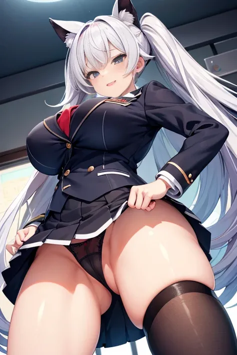 Highest quality、masterpiece、High resolution、8k、High resolution(((Spread your legs、Big Breasts)))、Uniform Blazer、mini skirt、Beautiful beauty、Long silver hair、((whole body))、(((Photo taken from below)))、School、classroom、pantiesは黒のレース、Uniform Blazer、expensive...