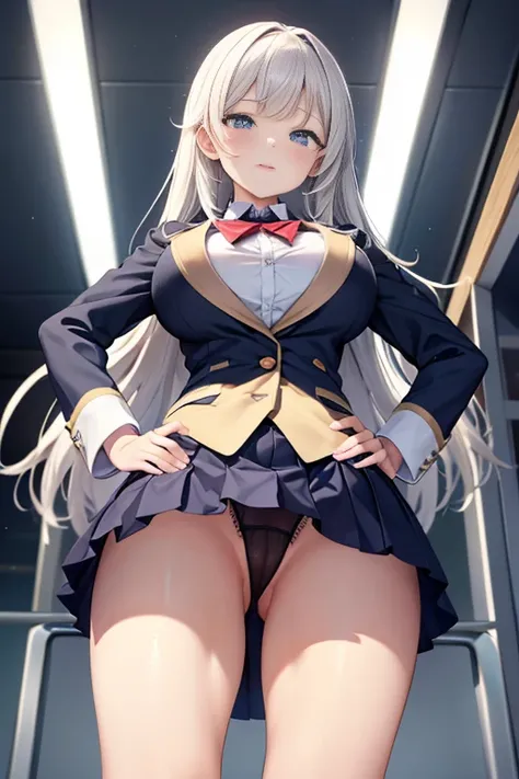 Highest quality、masterpiece、High resolution、8k、High resolution(((Spread your legs、Big Breasts)))、Uniform Blazer、mini skirt、Beautiful beauty、Long silver hair、((whole body))、(((Photo taken from below)))、School、classroom、pantiesは黒のレース、Uniform Blazer、expensive...