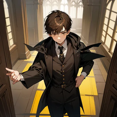  boy with short brown hair, with brown eyes, wearing black Hogwarts uniform with yellow tie with black diagonal lines, in the corridors of a gothic building 