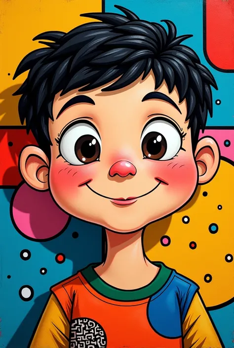 Remake the image with the boy&#39;s face in the Romero Brito style. Remake it more cartoonish
