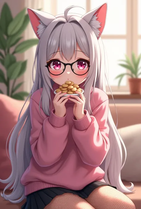 that she has a shy face that she has white hair, cat ears, black glasses, pink eyes, a super blushed pink sweatshirt, a low skirt, black shorts, black mesh stockings that she is a super reserved girl sitting eating cookies