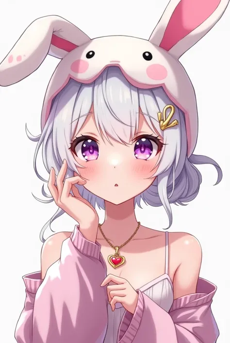 Light skinned anime girl, purple eyes, white and pink hair updo, Long-sleeved clothing that fits loosely, a kawaii bunny hat and a heart necklace 