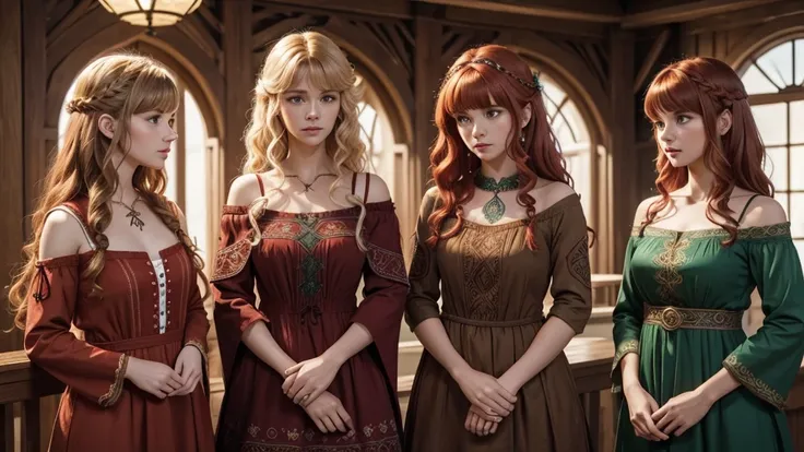 A woman named Lunalu with a medium lenght blonde hair with sideways fringe in a red dress with celtic embroidery. A second woman named Paloma with medium lenght curly red hair in a green dress with celtic embroidery. A third woman named Annis with medium l...