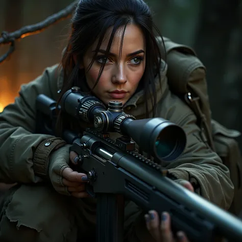 A female sniper performing maintenance on a sniper rifle