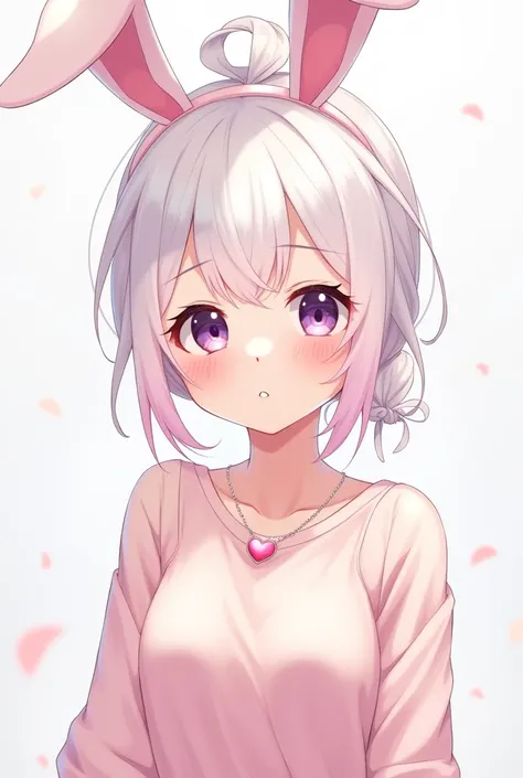 Light skinned anime girl, purple eyes, white and pink hair updo, Long-sleeved clothing that fits loosely, a kawaii bunny hat and a heart necklace, With a light smile 