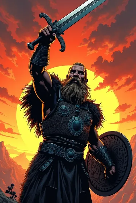 1980s comic book style illustration of a Viking warrior slightly in profile, holding a shield, raising a medieval sword above his head with his arm outstretched, with the tip of the sword pointing towards the sunset