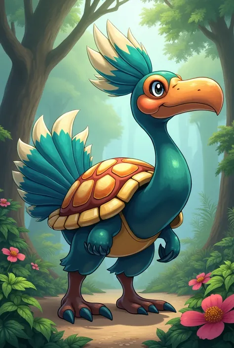 make a pokemon with a peacock neck and head, shoebill beak, turtle shell, peacock tail and hedgehog, cassowary legs