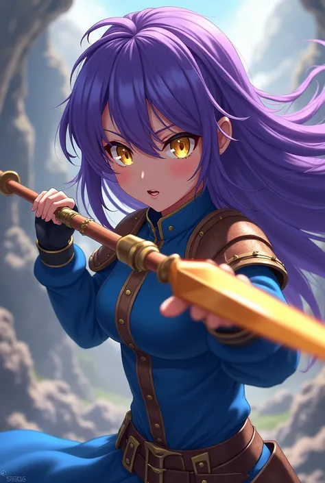 anime girl, with purple hair and very detailed yellow eyes, He has a blue outfit, medieval clothing, has a diamond spear, wears leather patches on his shoulders, u is in an attack position, has very long hair 