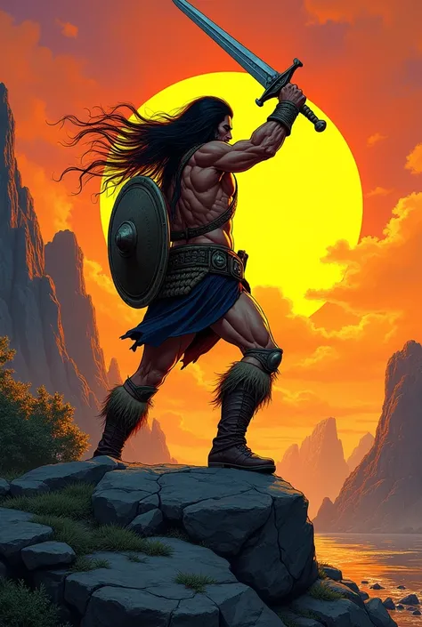 1980s comic book style illustration of a barbarian warrior with long black hair, slightly in profile, holding a shield, raising a sword above his head with his arm outstretched, with the tip of the sword pointing towards the sunset