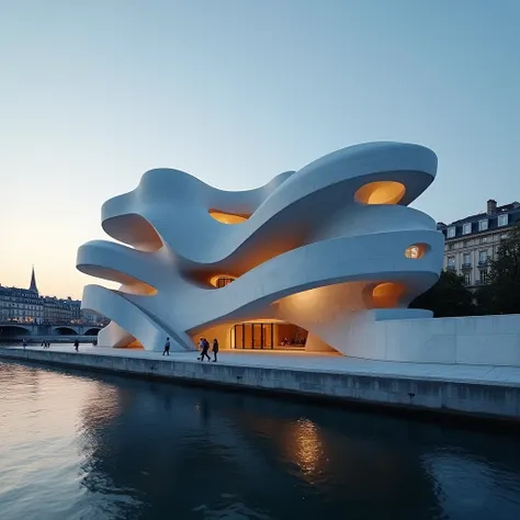 Artistic photographic image of a Museum designed by Tadao Ando, inspired by the form of a blue sea dragon, located in the heart of Paris BY THE RIVER. The design is modern yet minimalist, featuring smooth concrete surfaces and fluid, curved lines. The scen...