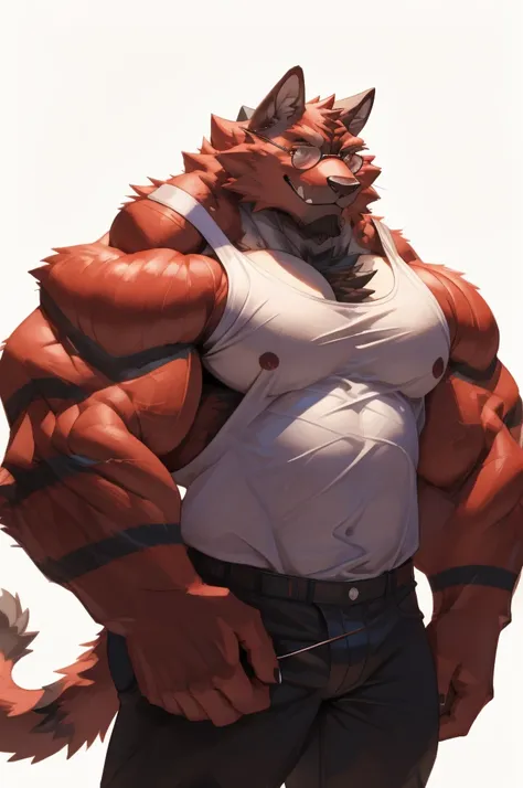 1boy, 1man, solo, a (furry incineroat) standing, (face, detailed face, glasses), white background , front view, massive muscular...