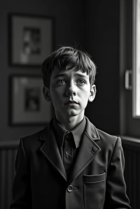 A 12yo boy in 1920s era from a wealthy background, crying, sad, wide angle shot, looing up angle, black and white
