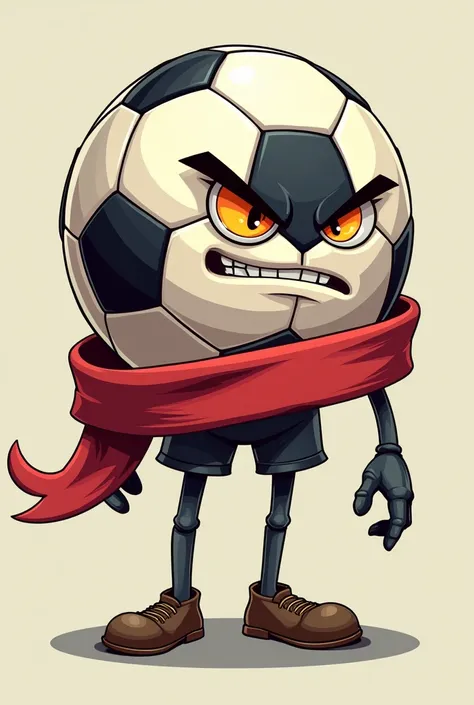 Soccer ball with legs and hand and angry face And red ribbon like rambo
