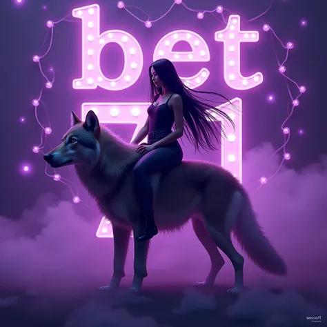 a 3D style girl with long black hair sitting on top of a wolf with purple smoke. In the background it says in violet "BET 71" that within the letters there are some violet light bulbs. Below the right corner that says "CARGANDO" and in the left corner "THE...