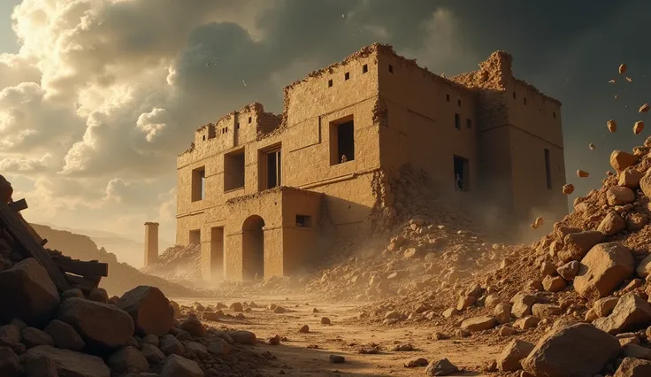 A dramatic biblical scene showing a large house collapsing as a powerful, swirling wind from the desert strikes it. The sky is dark and stormy, with dust and debris flying through the air. Inside the house, visible through broken walls and windows, a group...