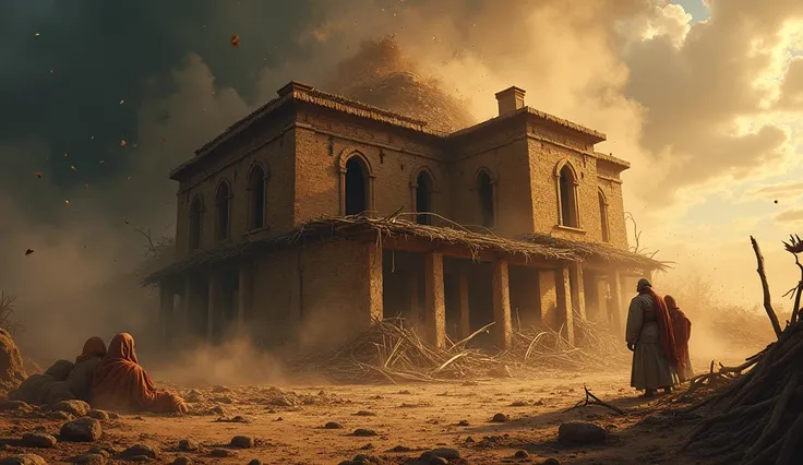 A dramatic biblical scene showing a large house collapsing as a powerful, swirling wind from the desert strikes it. The sky is dark and stormy, with dust and debris flying through the air. Inside the house, visible through broken walls and windows, a group...