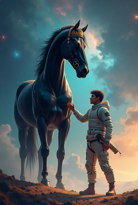 A black horse with a crown on its head and in front of it a man from space shaking hands with his friend from Earth and they look at the camera