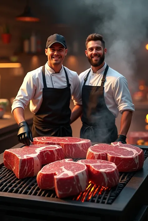 Create a professional logo  ,  with a barbecue theme on the grill , special cuts of meat , two people , de avental preto , gloves and cap , realistic people 