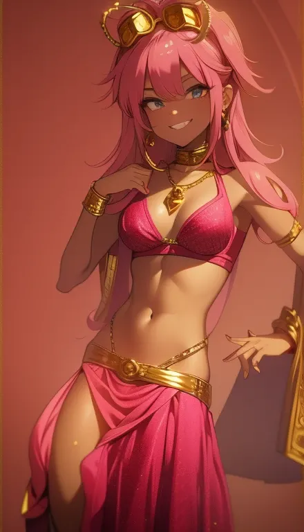 A smug narcissistic pink haired goddess wearing a golden bra and golden pants and lots of jewelry covering every part of her body with gold gems and all kinds of jewelry flaunting herself showing off 