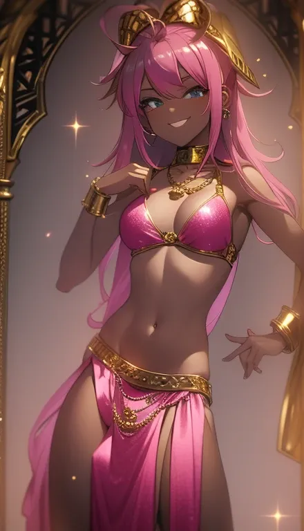 A smug narcissistic pink haired goddess wearing a golden bra and golden pants and lots of jewelry covering every part of her body with gold gems and all kinds of jewelry flaunting herself showing off 